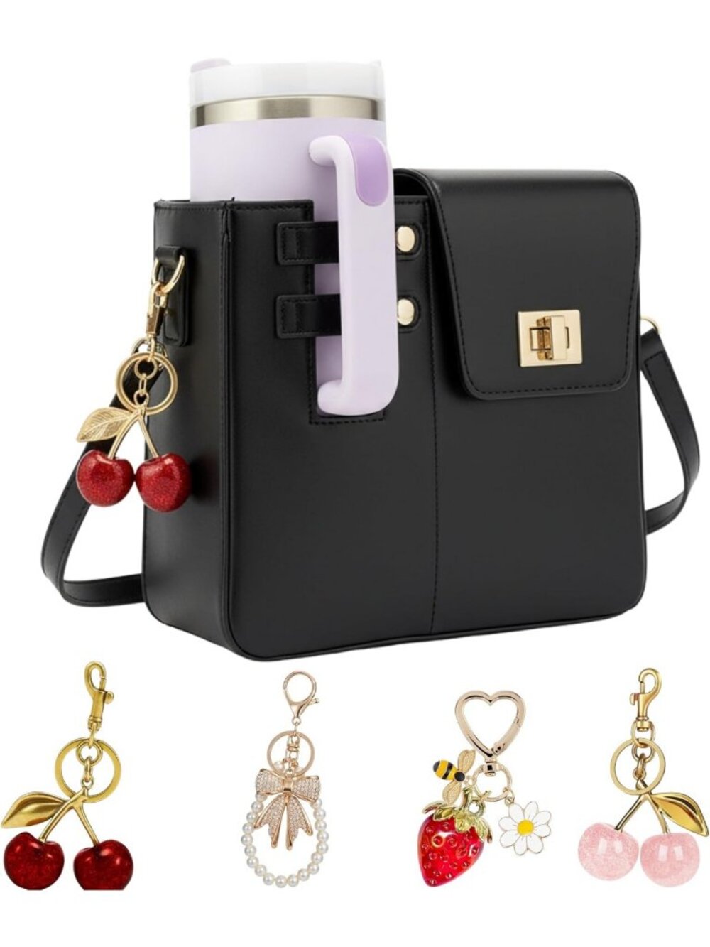 Stylish Leather Tumbler Crossbody Bag with Charm, 30 & 40oz Cup Holder Purse